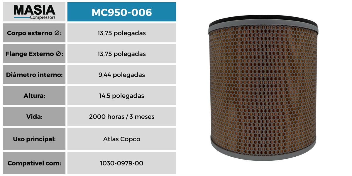 1030-0979-99 Filtro de Ar Compativel con Atlas Copco