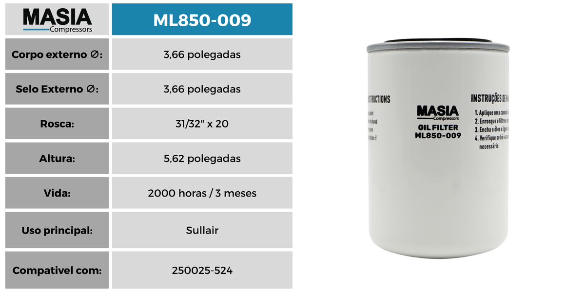 02250050-602 Filtro de Óleo Compativel con Sullair
